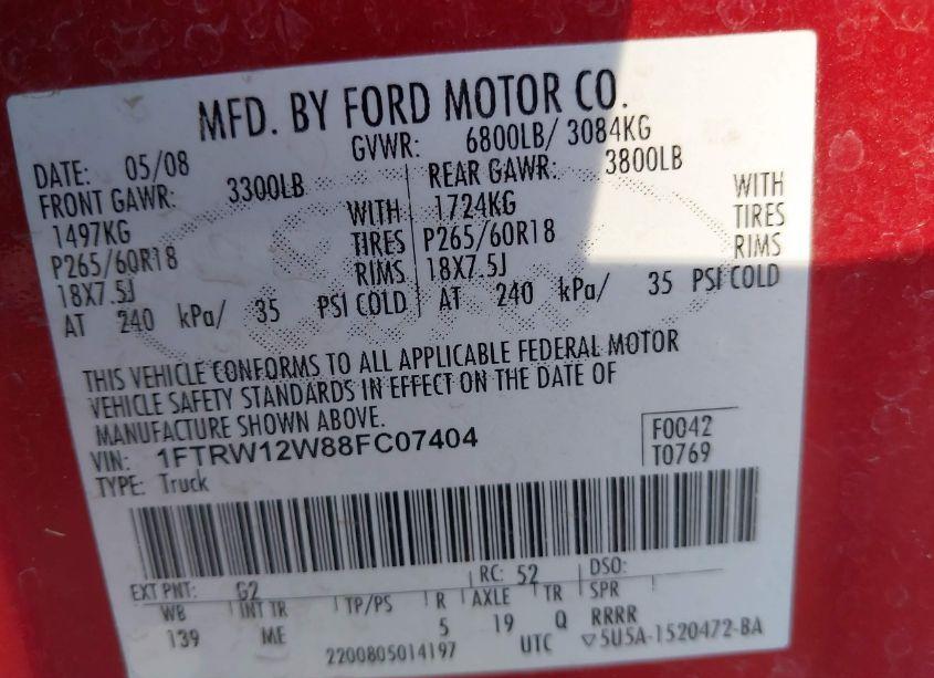 Photo 9 of 2008 Ford F-150 60TH ANNIVERSARY/FX2/XL/XLT (VIN 1FTRW12W88FC07404)