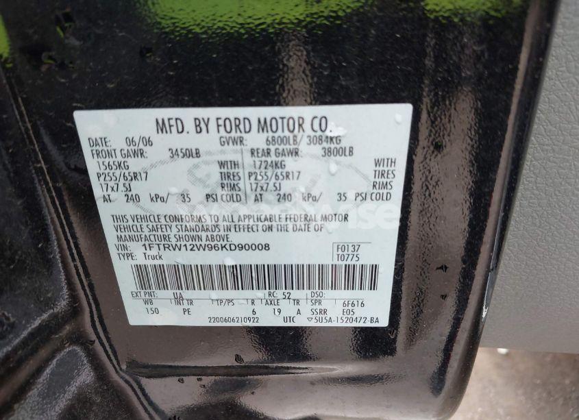 Photo 9 of 2006 Ford F-150 XLT (VIN 1FTRW12W96KD90008)