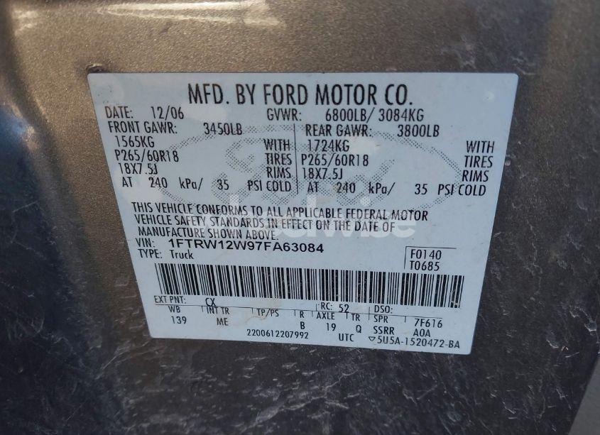 Photo 9 of 2007 Ford F-150 XLT (VIN 1FTRW12W97FA63084)