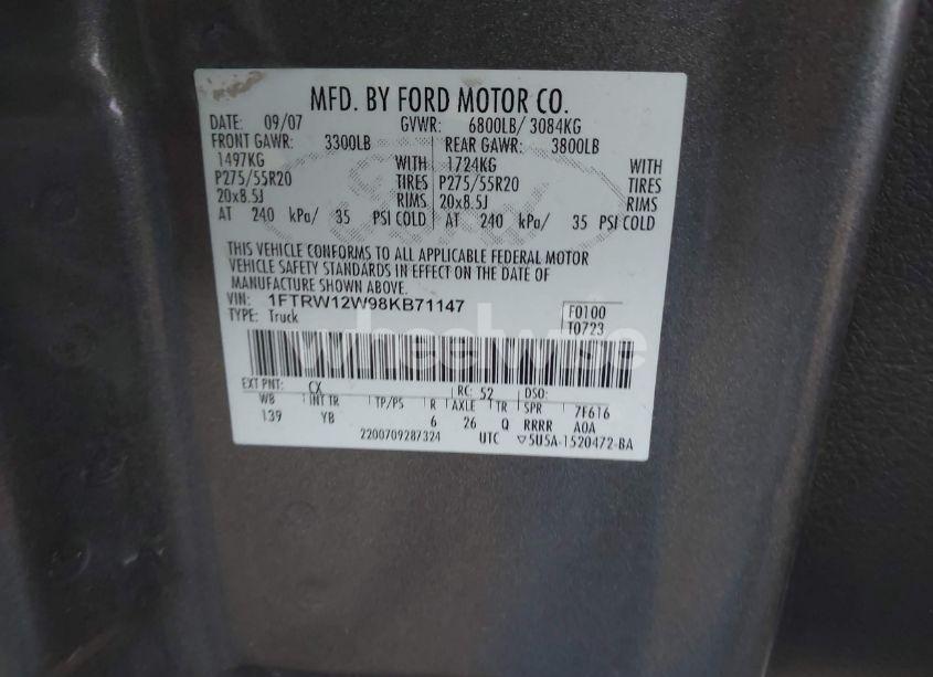 Photo 9 of 2008 Ford F-150 60TH ANNIVERSARY/FX2/XL/XLT (VIN 1FTRW12W98KB71147)