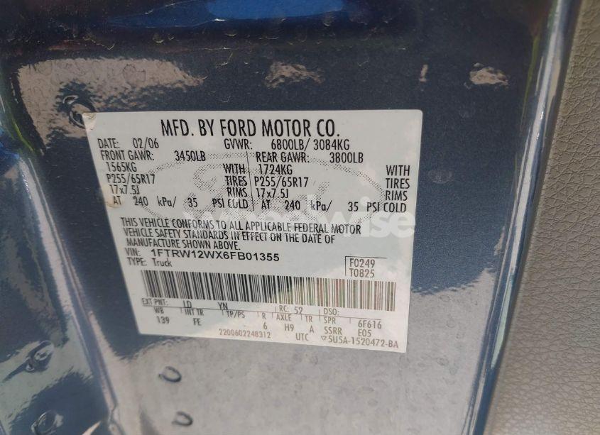 Photo 9 of 2006 Ford F-150 XLT (VIN 1FTRW12WX6FB01355)