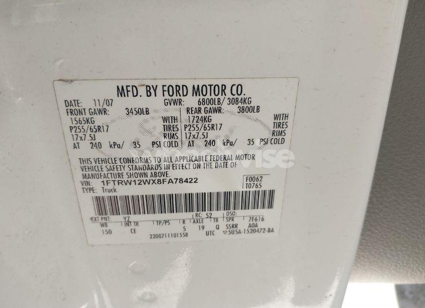 Photo 9 of 2008 Ford F-150 60TH ANNIVERSARY/FX2/XL/XLT (VIN 1FTRW12WX8FA78422)