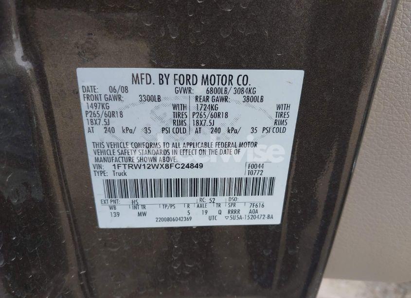 Photo 9 of 2008 Ford F-150 60TH ANNIVERSARY/FX2/XL/XLT (VIN 1FTRW12WX8FC24849)