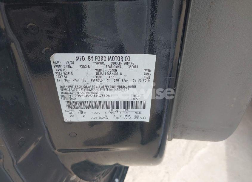 Photo 9 of 2008 Ford F-150 60TH ANNIVERSARY/FX2/XL/XLT (VIN 1FTRW12WX8KC75081)