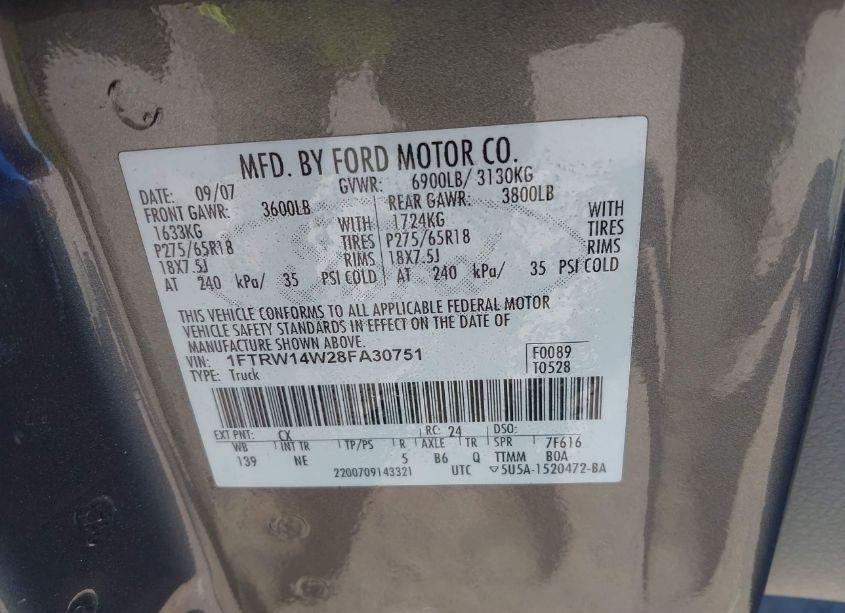 Photo 9 of 2008 Ford F-150 60TH ANNIVERSARY/XL/XLT (VIN 1FTRW14W28FA30751)