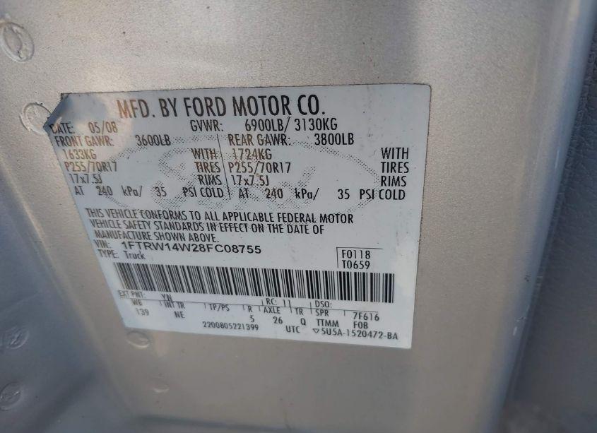 Photo 9 of 2008 Ford F-150 60TH ANNIVERSARY/XL/XLT (VIN 1FTRW14W28FC08755)