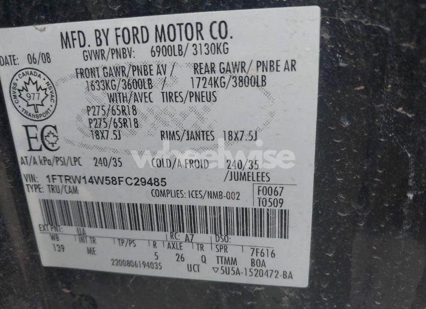 Photo 9 of 2008 Ford F-150 60TH ANNIVERSARY/XL/XLT (VIN 1FTRW14W58FC29485)