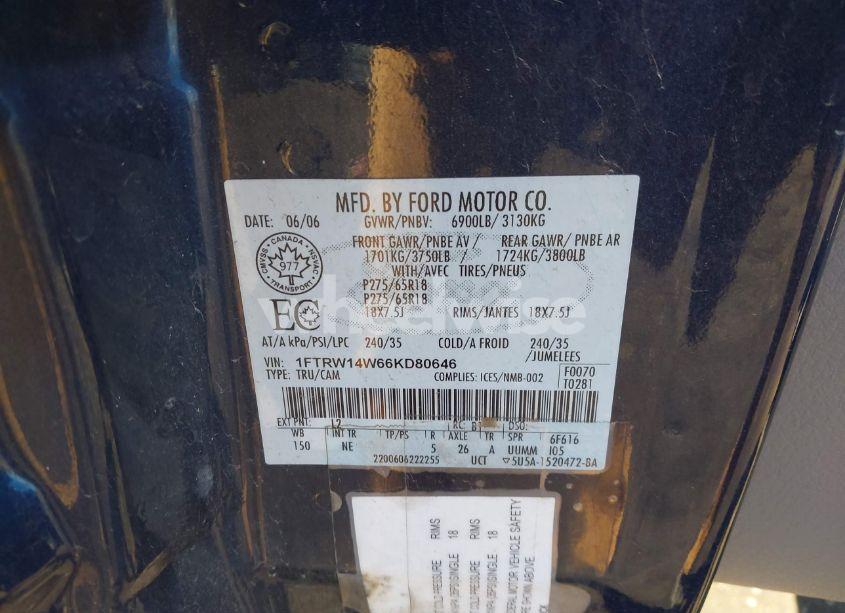 Photo 9 of 2006 Ford F-150 XLT (VIN 1FTRW14W66KD80646)