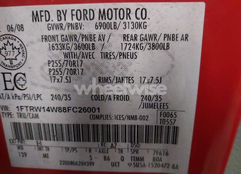 Photo 9 of 2008 Ford F-150 60TH ANNIVERSARY/XL/XLT (VIN 1FTRW14W88FC26001)