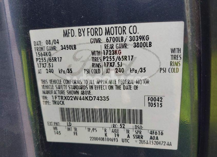 Photo 9 of 2004 Ford F-150 STX/XLT (VIN 1FTRX02W44KD74335)