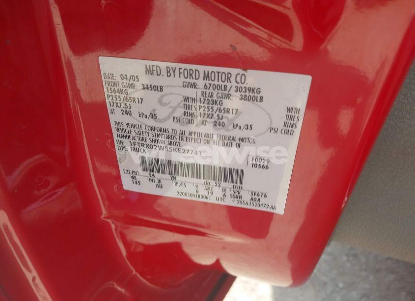 Photo 9 of 2005 Ford F-150 STX/XLT (VIN 1FTRX02W55KE27741)