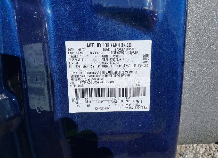 Photo 9 of 2007 Ford F-150 STX/XLT (VIN 1FTRX02W57KD56589)