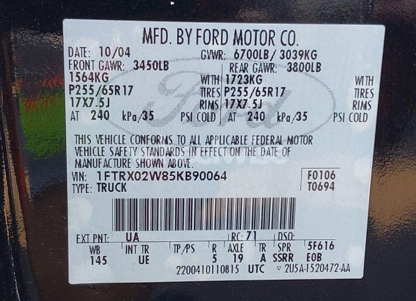 Photo 9 of 2005 Ford F-150 STX/XLT (VIN 1FTRX02W85KB90064)