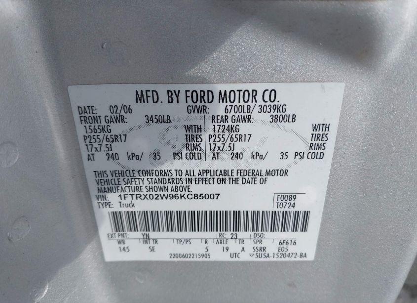 Photo 9 of 2006 Ford F-150 STX/XLT (VIN 1FTRX02W96KC85007)