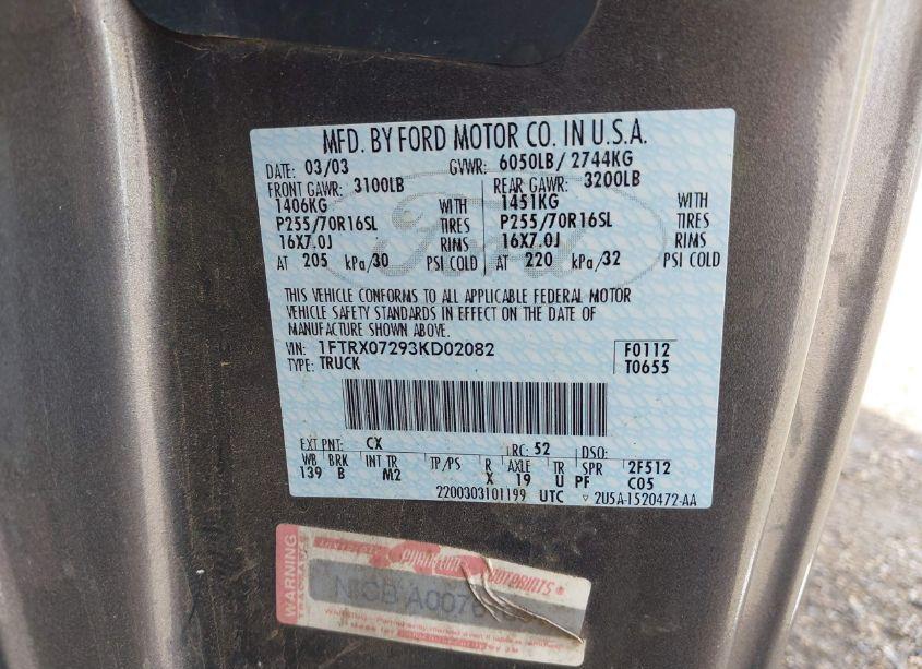 Photo 9 of 2003 Ford F-150 XL/XLT (VIN 1FTRX07293KD02082)