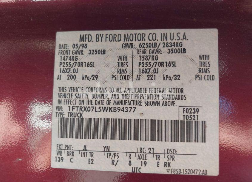 Photo 9 of 1998 Ford F-150 LARIAT/XL/XLT (VIN 1FTRX07L5WKB94377)