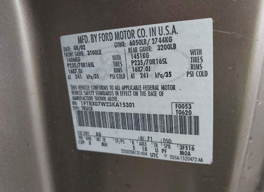 Photo 9 of 2003 Ford F-150 LARIAT/XL/XLT (VIN 1FTRX07W23KA15301)
