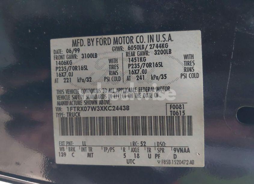 Photo 9 of 1999 Ford F-150 LARIAT/WORK SERIES/XL/XLT (VIN 1FTRX07W3XKC24438)