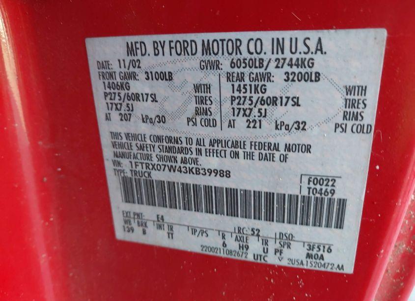 Photo 9 of 2003 Ford F-150 LARIAT/XL/XLT (VIN 1FTRX07W43KB39988)