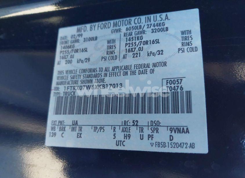 Photo 9 of 1999 Ford F-150 LARIAT/WORK SERIES/XL/XLT (VIN 1FTRX07W6XKB17013)