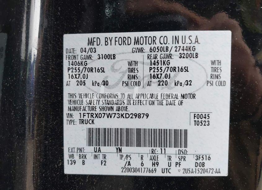 Photo 9 of 2003 Ford F-150 LARIAT/XL/XLT (VIN 1FTRX07W73KD29879)