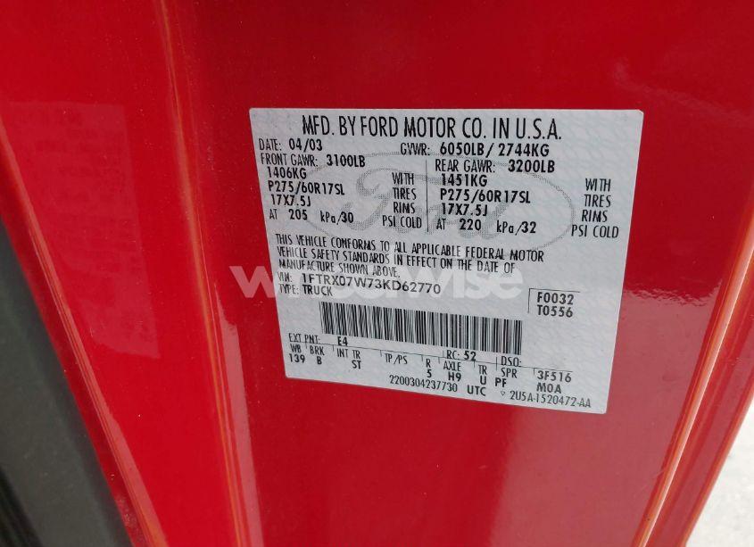 Photo 9 of 2003 Ford F-150 LARIAT/XL/XLT (VIN 1FTRX07W73KD62770)