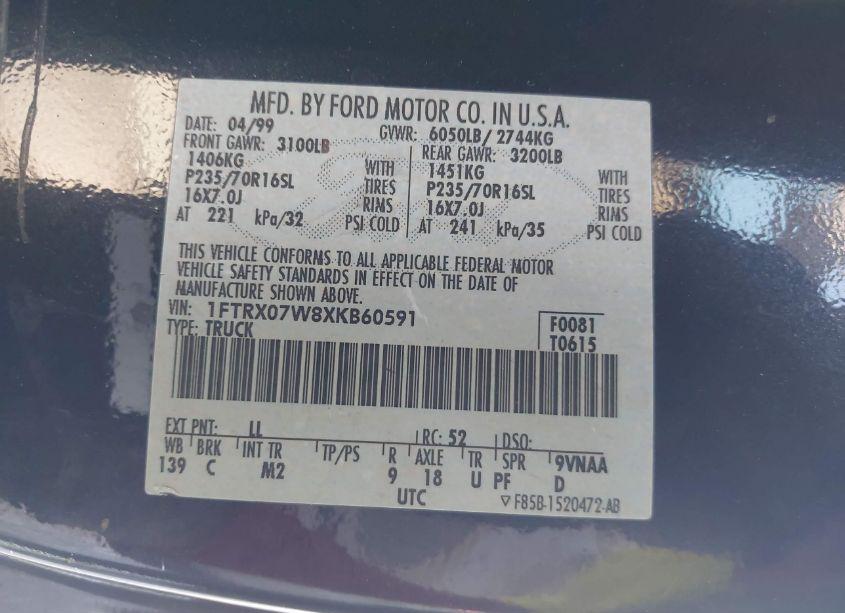 Photo 9 of 1999 Ford F-150 LARIAT/WORK SERIES/XL/XLT (VIN 1FTRX07W8XKB60591)