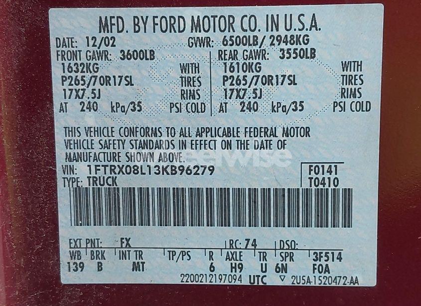 Photo 9 of 2003 Ford F-150 LARIAT/XL/XLT (VIN 1FTRX08L13KB96279)