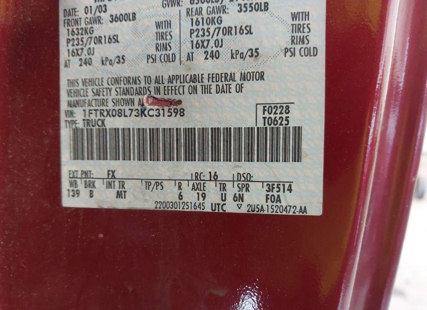 Photo 9 of 2003 Ford F-150 LARIAT/XL/XLT (VIN 1FTRX08L73KC31598)