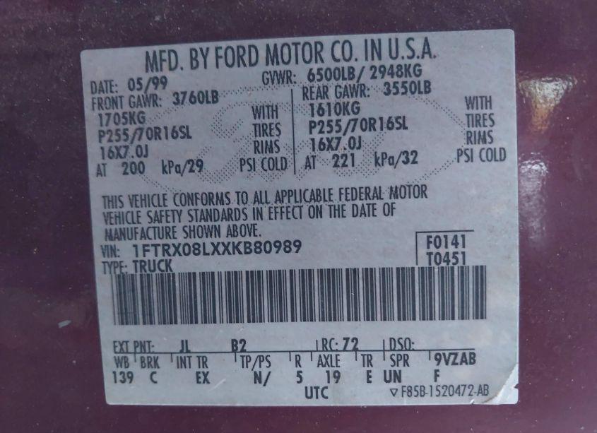 Photo 9 of 1999 Ford F-150 LARIAT/XL/XLT (VIN 1FTRX08LXXKB80989)