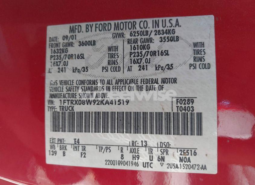 Photo 9 of 2002 Ford F-150 LARIAT/XL/XLT (VIN 1FTRX08W92KA41519)