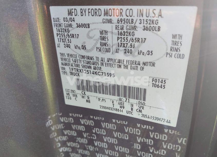 Photo 9 of 2004 Ford F-150 LARIAT/XLT (VIN 1FTRX12514KC71595)