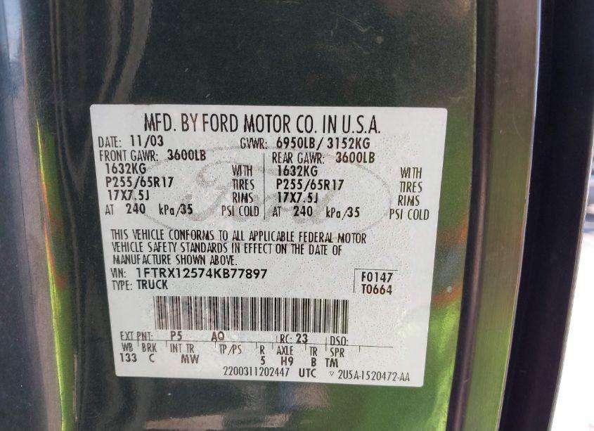 Photo 9 of 2004 Ford F-150 LARIAT/XLT (VIN 1FTRX12574KB77897)