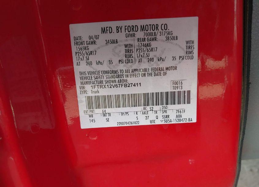 Photo 9 of 2007 Ford F-150 LARIAT/XLT (VIN 1FTRX12V67FB27411)