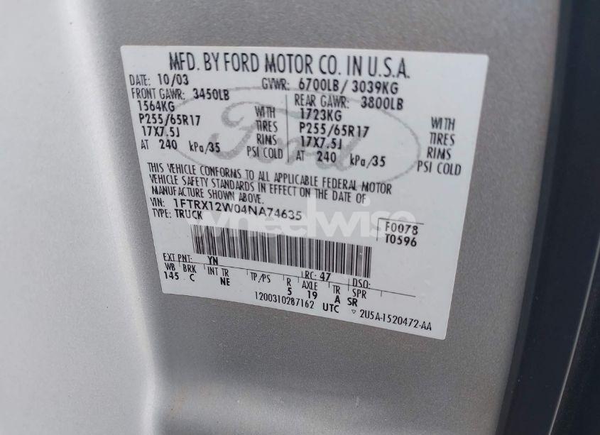 Photo 9 of 2004 Ford F-150 STX/XL/XLT (VIN 1FTRX12W04NA74635)