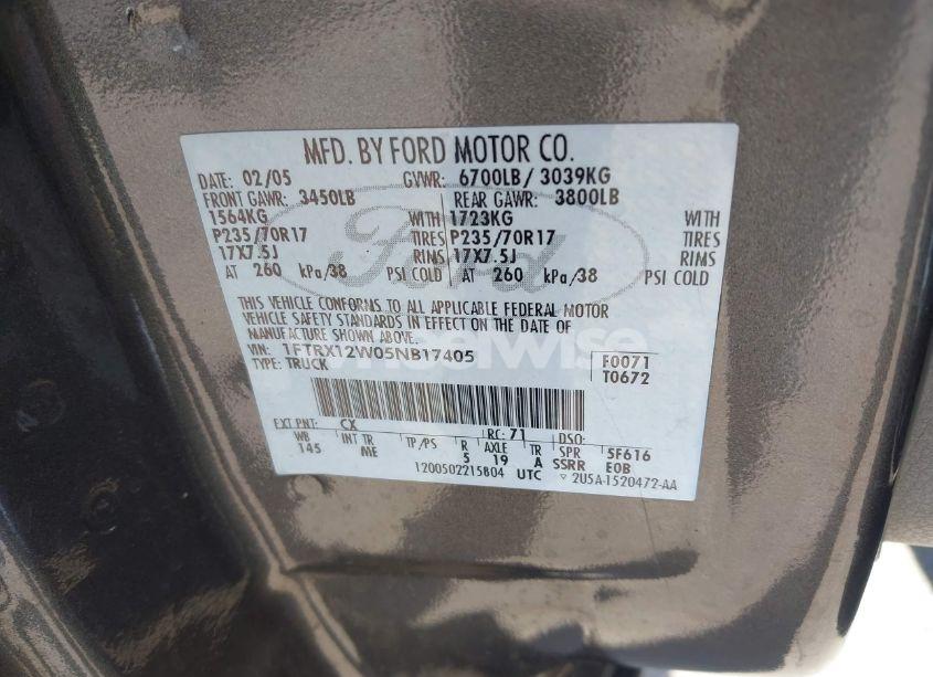 Photo 9 of 2005 Ford F-150 STX/XL/XLT (VIN 1FTRX12W05NB17405)