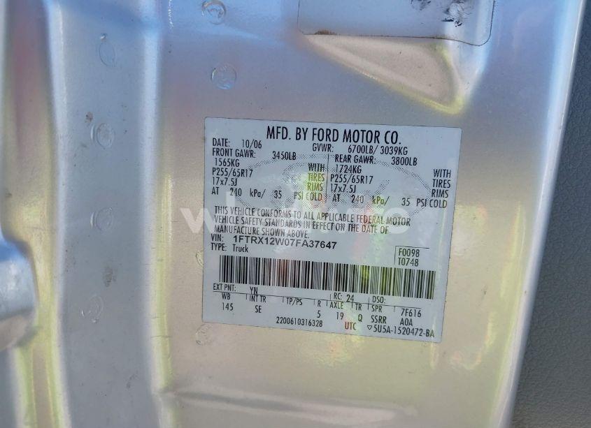 Photo 9 of 2007 Ford F-150 STX/XL/XLT (VIN 1FTRX12W07FA37647)