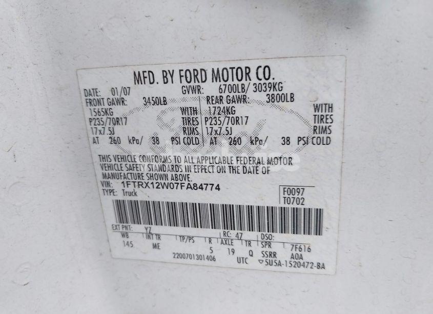 Photo 9 of 2007 Ford F-150 STX/XL/XLT (VIN 1FTRX12W07FA84774)