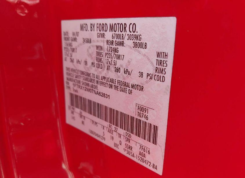 Photo 9 of 2007 Ford F-150 STX/XL/XLT (VIN 1FTRX12W07NA62831)