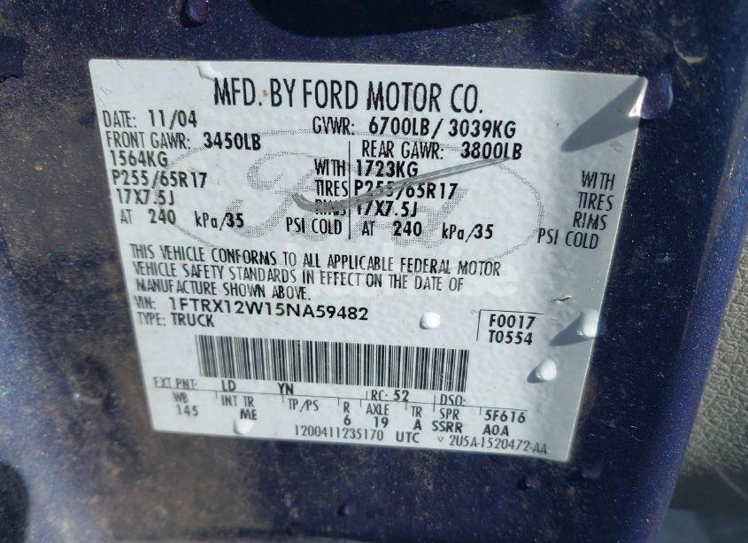 Photo 9 of 2005 Ford F-150 STX/XL/XLT (VIN 1FTRX12W15NA59482)