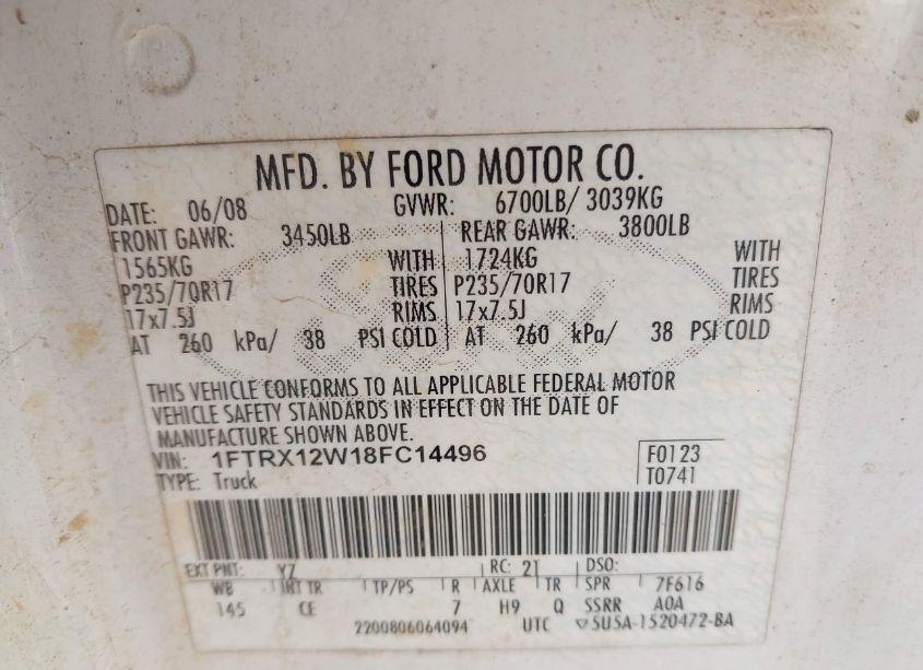 Photo 9 of 2008 Ford F-150 FX2/STX/XL/XLT (VIN 1FTRX12W18FC14496)