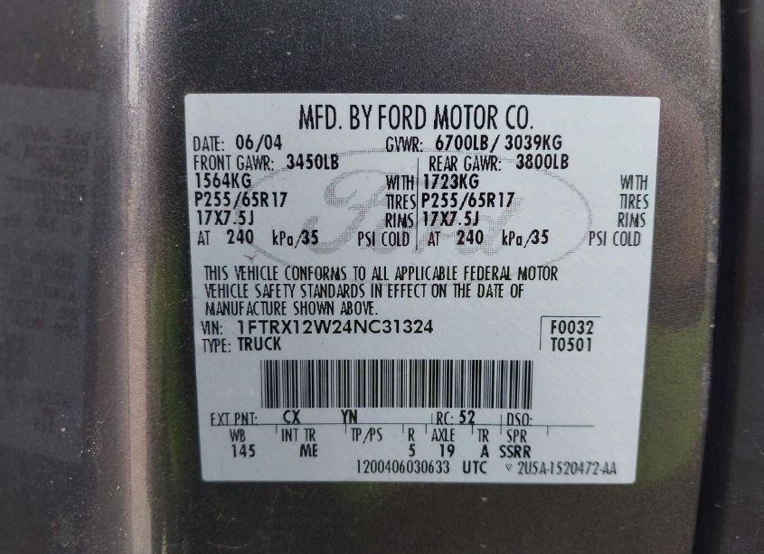 Photo 9 of 2004 Ford F-150 STX/XL/XLT (VIN 1FTRX12W24NC31324)