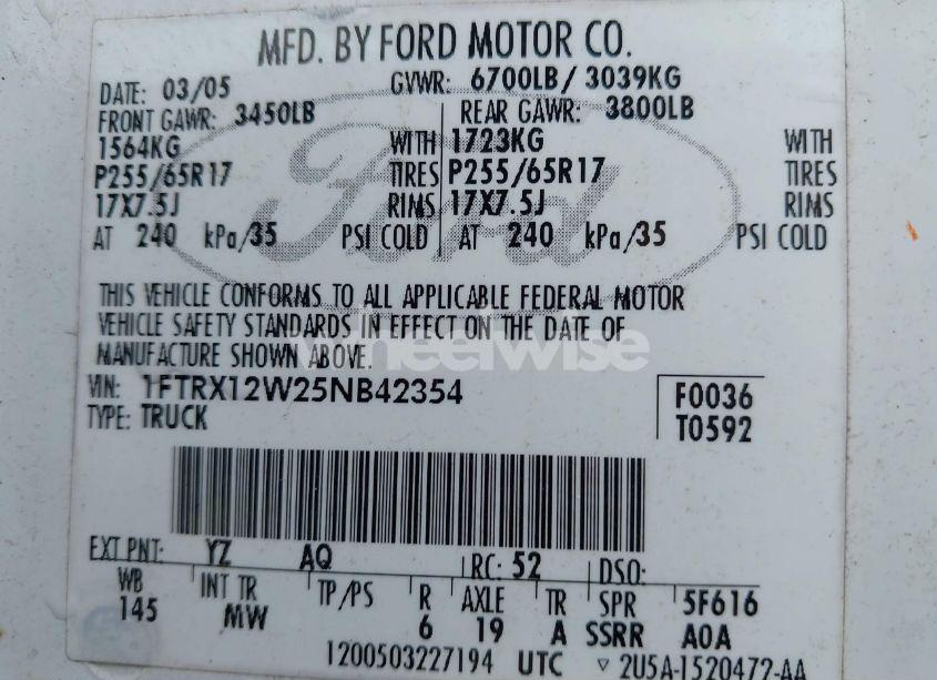 Photo 9 of 2005 Ford F-150 STX/XL/XLT (VIN 1FTRX12W25NB42354)