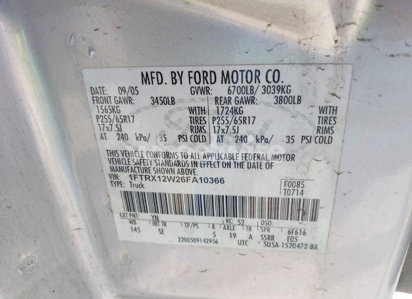 Photo 9 of 2006 Ford F-150 STX/XL/XLT (VIN 1FTRX12W26FA10366)