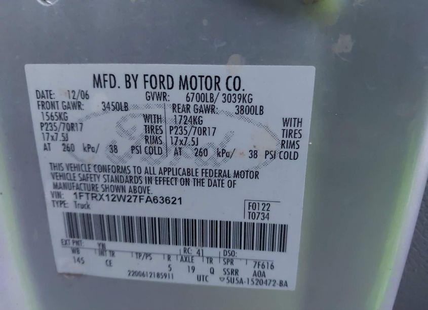 Photo 9 of 2007 Ford F-150 STX/XL/XLT (VIN 1FTRX12W27FA63621)