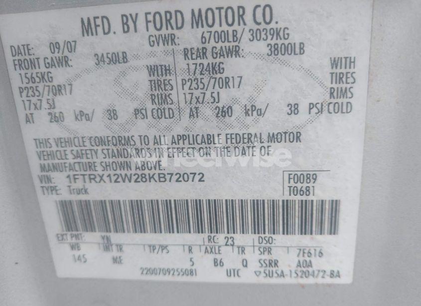 Photo 9 of 2008 Ford F-150 FX2/STX/XL/XLT (VIN 1FTRX12W28KB72072)