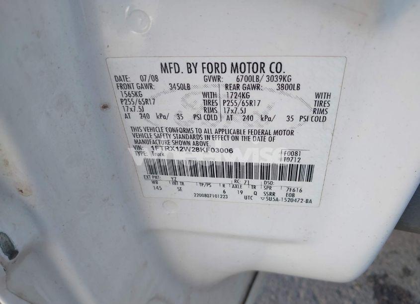 Photo 9 of 2008 Ford F-150 FX2/STX/XL/XLT (VIN 1FTRX12W28KF03006)