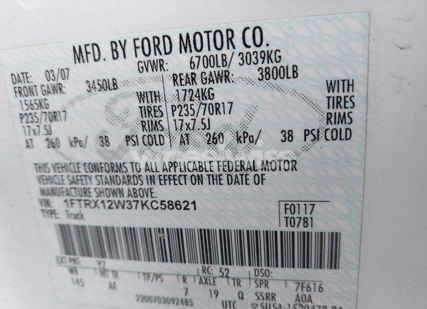 Photo 9 of 2007 Ford F-150 STX/XL/XLT (VIN 1FTRX12W37KC58621)