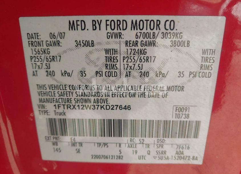 Photo 9 of 2007 Ford F-150 STX/XL/XLT (VIN 1FTRX12W37KD27646)