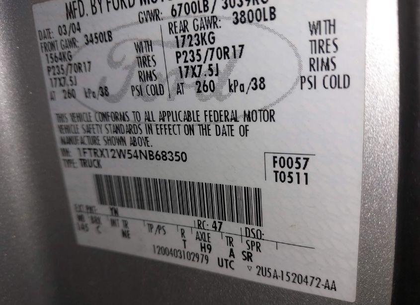 Photo 9 of 2004 Ford F-150 STX/XL/XLT (VIN 1FTRX12W54NB68350)